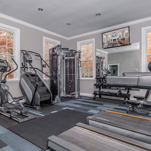 a room with treadmills