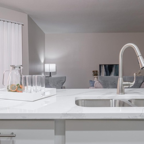 a kitchen with a sink and a counter top