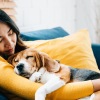 a woman lying on a couch with a dog